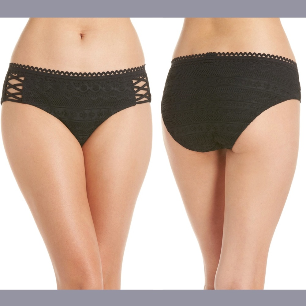 NWT Becca [ Large ] Color Play Lace-Up Hipster Bikini‎ Bottoms in Black